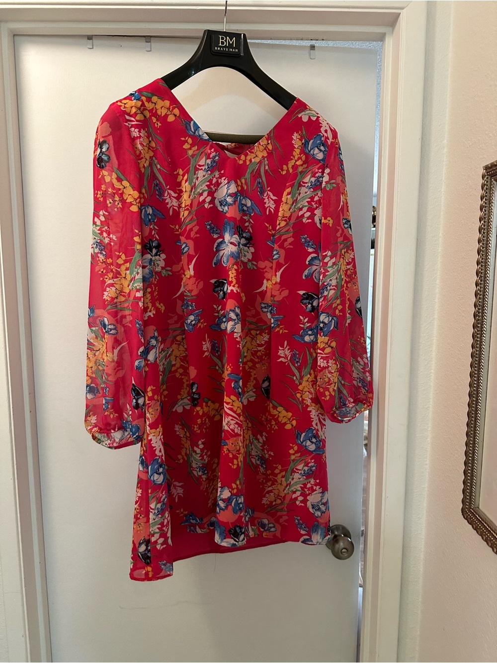 Pink Floral Shift Dress with Blue & Yellow Blooms